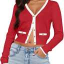 LEEDYA Women's Long Sleeve Cardigan Open Front Knit Cropped Sweaters Fall Color Block Button Down V Neck Lightweight Tops (Large, Red)