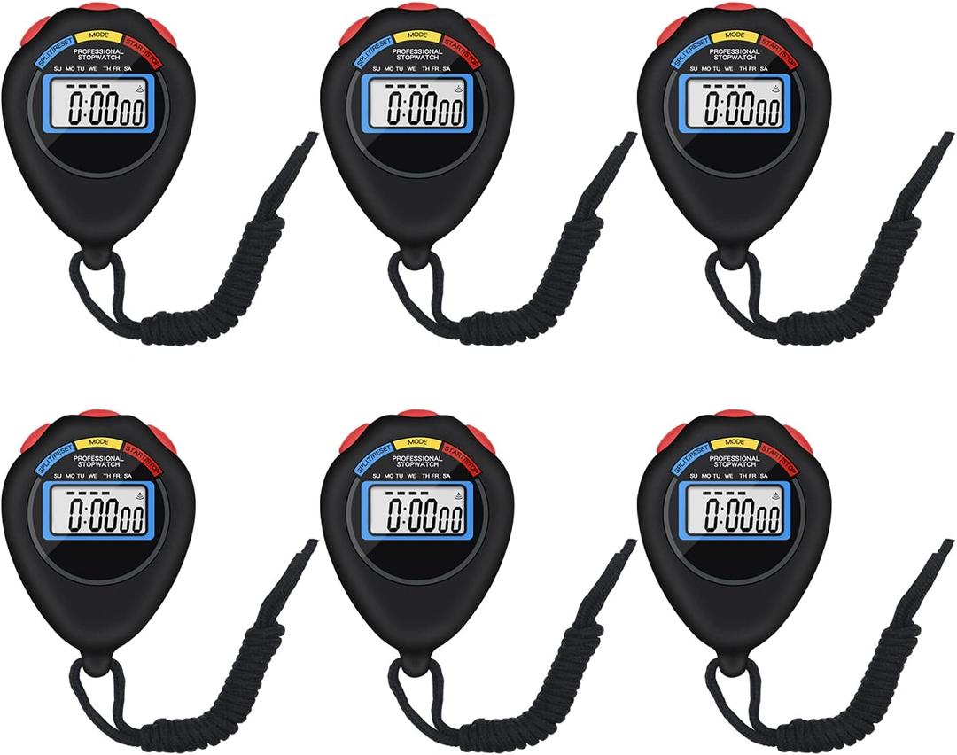 6 Pack Multi-Function Electronic Digital Sport Stopwatch Timer, Large Display with Date Time and Alarm Function,Suitable for Sports Coaches Fitness Coaches and RefereesBlack