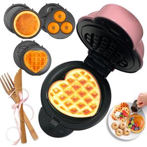Mini Waffle Maker with 6 Removable Plates, Small Heart Waffle Maker Keto,3-in-1 Multi-plate set, Wafflera Iron for Kids Family&Individuals,4'' Non Stick Cooking Plates with Fast & Even Heating (Pink)