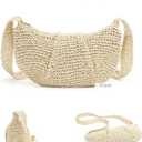 Herald Small Pleated Crescent Straw Woven Crossbody Bag for Women, Ruched Handmade Summer Beach Shoulder Purse Handbag