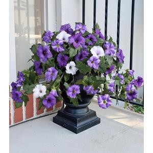 HyeFlora Artificial Flowers for Outdoors 2PCS Spring Faux Morning Glory Look Real Silk Flowers for Outside Planter UV Resistant Fake Flowers for Home Garden Balcony Yard Porch Deco Purple
