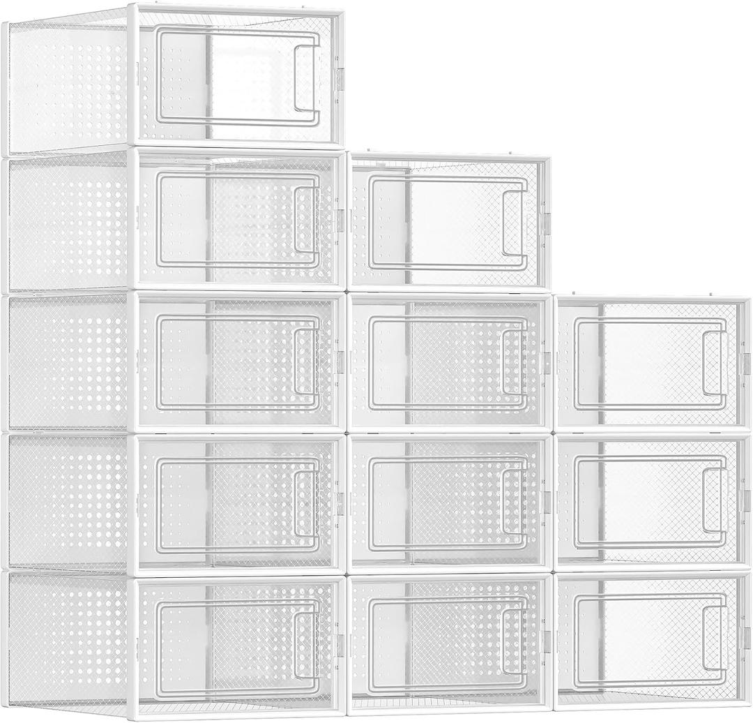 SONGMICS Shoe Boxes, Pack of 12 Shoe Storage Organizers, Stackable Clear Plastic Boxes for Closet, Sneakers, 13.1 x 9.1 x 5.6 Inches, Transparent and White ULSP12SWT