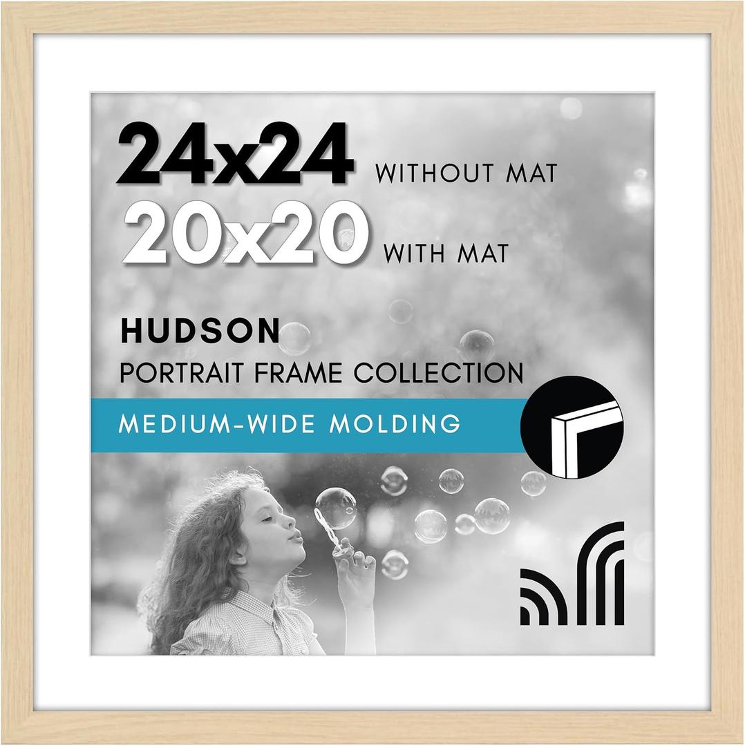 Americanflat 24x24 Picture Frame with Polished Plexiglass - Use as 20x20 Frame with Mat or Display 24x24 Photo Without Mat - Hudson Collection - Wide Square Frames for Wall Display - Natural Oak