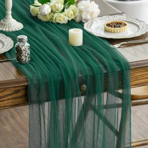 Artoid Mode Dark Green Gauze Table Runner 120 Inch 10FT, Seasonal Sheer Kitchen Dining Holiday Wedding Birthday Baby Shower Table Decor for Home Party (59" x 120")