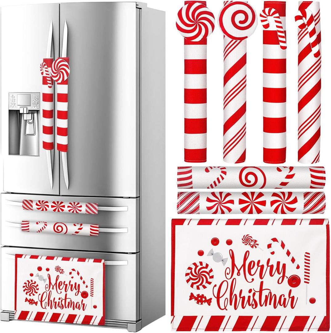 LemonRoad 7pcs 3D Christmas Candy Cane Refrigerator Handle Covers Kitchen Decorations Merry Christmas Cabinet Knob Microwave Oven Dishwasher Door Handle Covers Xmas Holiday Decor