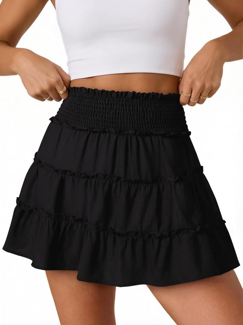 NIMIN Summer Flowy Skorts for Women 2026 Casual Cute Floral Boho Skirts Ruffle High Waisted Mini Skirt Built-in Shorts (Black, Small)