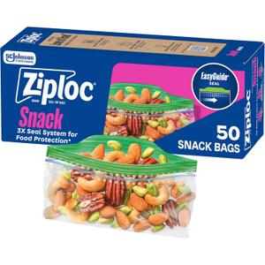 Ziploc Snack Bags with EasyGuide Texture, Small Plastic Storage Bags with Grip 'N Seal Technology, 50 Bags Total
