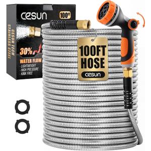 Cesun 100 ft Metal Garden Hose, Stainless Steel Heavy Duty Water Hose With 10 Function Nozzle, No Kink & Flexible, Lightweight and Durable, Rust Proof for Yard, RV, Pet Bath, Outdoor, 100 foot x 5/8"