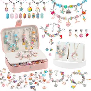YJK Charm Bracelet Making Kit, 5-12 Year Old Girl Birthday Gifts, 133 Pcs DIY Beaded Jewelry Making Kit with Jewelry Box, Creative Crafts for Girls, Charm Necklace Making kit for Girls (Blue & Pink)