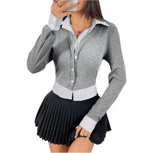 MakeMeChic Women's Casual Business Top Long Sleeve Shirts Button Down Collared Blouse Grey Medium