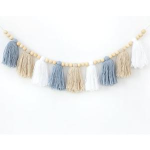 Boho Yarn Tassel Garland with Wood Beads Blue Banner Wall Hanging for Classroom Back to School Kids Bedroom Nursery Baby Shower Decor