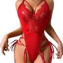 Avidlove Lingerie for Women Lace Lingerie Sets with Garter Belts One Piece Bodysuit Teddy No Stockings (Large, Red)