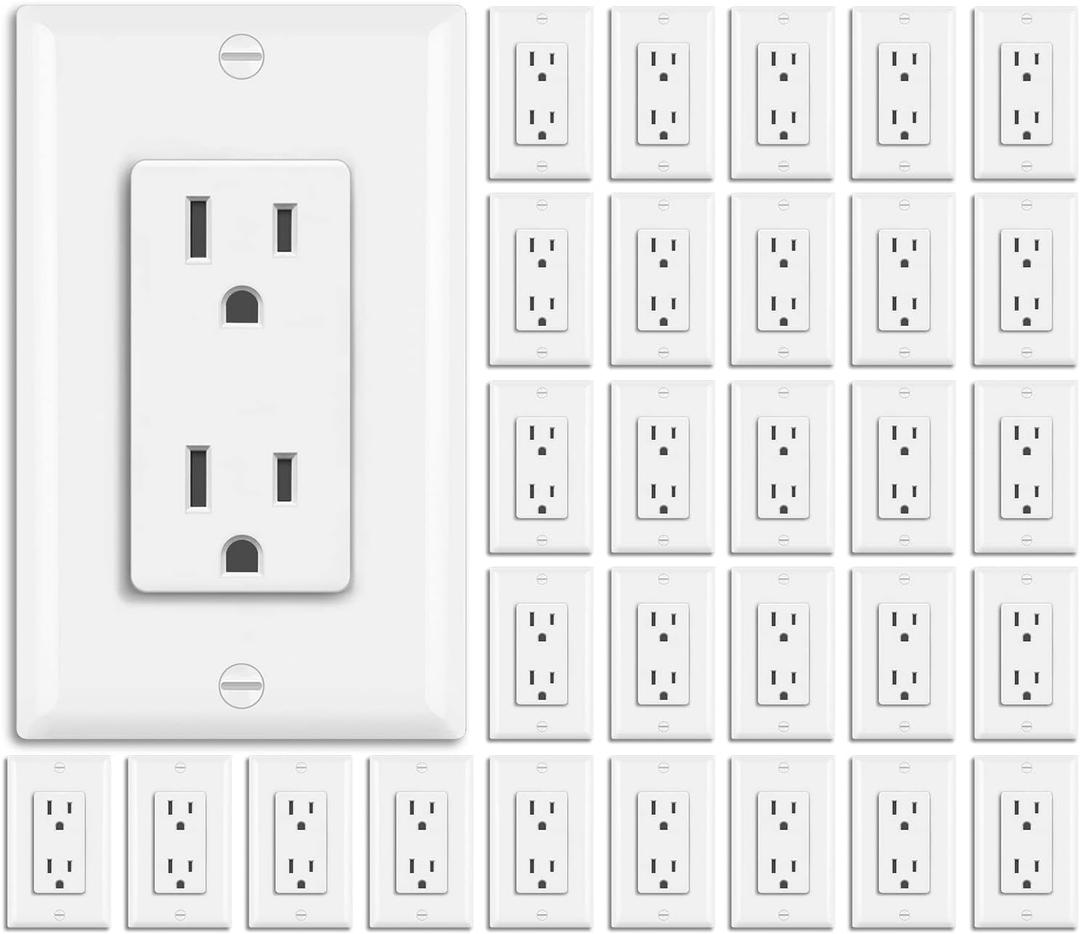 BESTTEN 30 Pack 15 Amp Decorator Receptacle Outlet, Decor Standard Electrical Wall Outlet, Residential and Commercial Use, Non-Tamper-Resistant,15A/125V/1875W, Wallplate Included, UL Listed, White