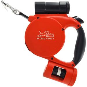 360° TangleFree Retractable Dog Leash with Flashlight, Dispenser and Poop Bag HeavyDuty Nylon Tape for Small, Medium Dogs and Cats OneHanded Brake and Lock, Red