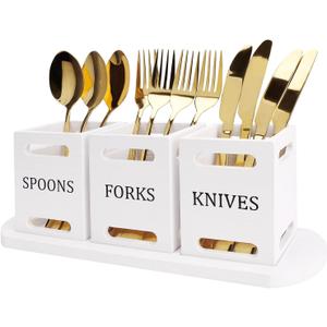 Ayiaren Wooden Flatware Silverware Caddy White Cutlery Holder with Wood Tray Utensils Holder for Kitchen Counter Wood Silverware Organizer for Table Countertop Knife Fork and Spoon Holder for Party