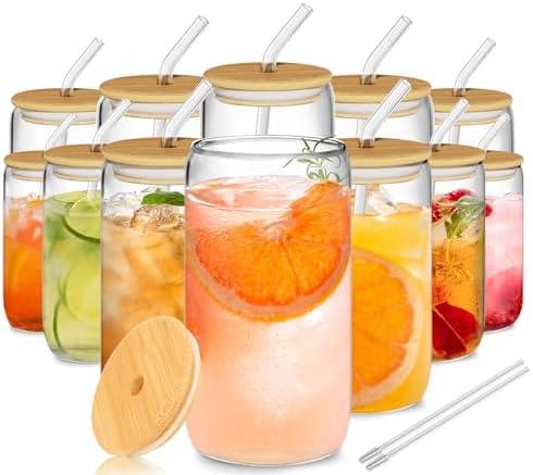 10Pcs Glass Cups with Lids and Straws - 16oz Can Shaped Drinking Glasses Set, Iced Coffee Cup, Beer Glasses Tumbler for Juice, Soda, Smoothie, Boba Tea, Whiskey, Cocktail Include 2 Cleaning Brushes