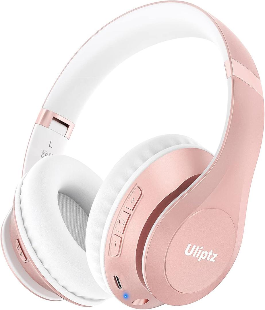 Uliptz Wireless Bluetooth Headphones, 65H Playtime, 6EQ Sound Modes, HiFi Stereo Over Ear Headphones with Microphone, Foldable Bluetooth 5.3 Headphone for Travel/Office/Cellphone/PC (Rose Gold) (Standard)