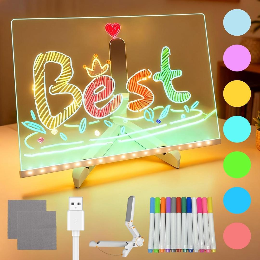 Cosmody Led Drawing Board, LED Note Board with 7 Colors, Led Drawing Board with Adjustable Stand and 12 Pens, Led Note Board with Colors, Dry Erase Board, Holiday Trend Gift (11.8 * 7.8in)