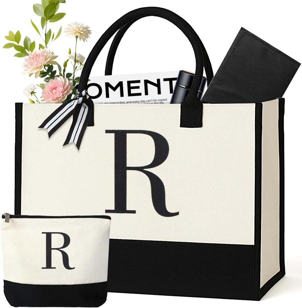 Personalized Canvas Tote Bag for Women Makeup Pouch Initial Beach Bag Removable Bottom Board for Travel Birthday