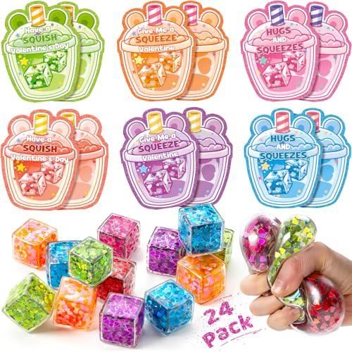 Valentines Day Cards for Kids School, 24 Pcs Ice Cube Shaped Squeeze Balls with Cards, Stress Relief Fidget Toys in 6 Glitter Colors, Ideal for Classroom Exchange Prizes, Valentines Party Favors