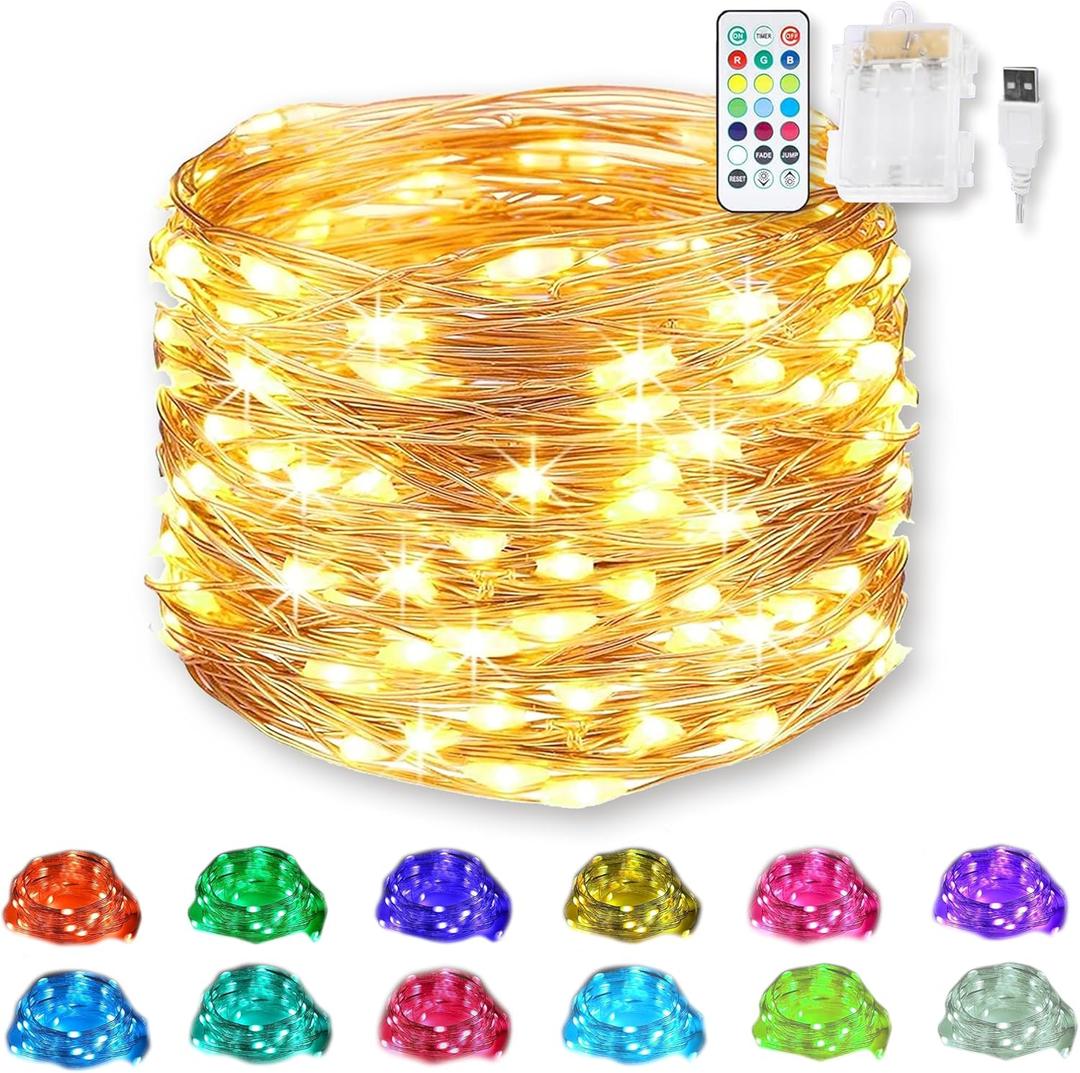 RGB Color Changing Fairy Lights, Battery & USB Powered 20 Ft 60 LED Fairy String Lights with Remote, Waterproof Silver Wire for DIY Indoor Outdoor Christmas Decor-13 Colors