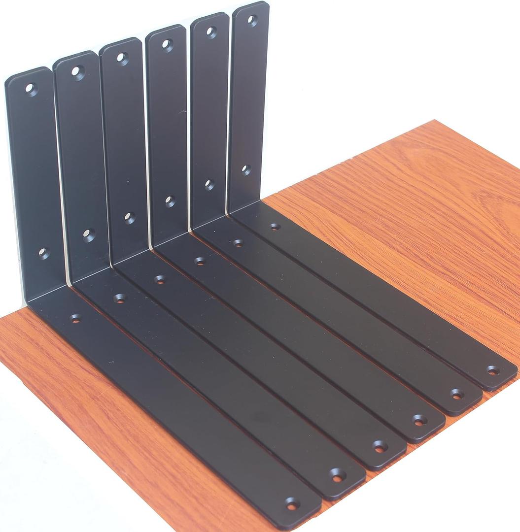 6 Pack - L 12" x H 8" x W1.5, 5mm Thick Black L Shelf Bracket, Iron Shelf Brackets, Metal Shelf Brackets, Floating Shelf, Shelf Supports with Screws