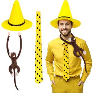 FOCUSOUL Man in Yellow Hat Costume Accessories Pointy Hat Polka Dot Tie Stuffed Monkey Halloween Cosplay Set