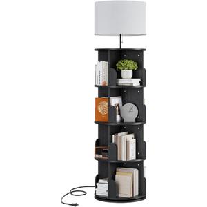 Rotating 4-Tier Bookshelf with Adjustable Light, 360 Spinning Bookcase Tower, Tall Floor Standing Book Shelf for Bedroom, Living Room, Office, Black