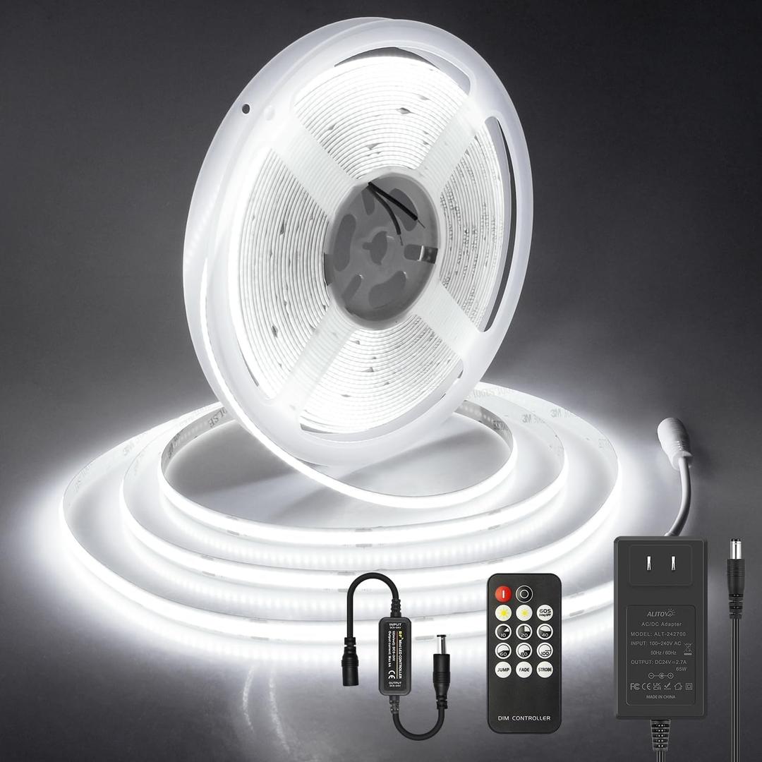ALITOVE 32.8ft COB Led Light Strip Daylight White 6500K Super Bright 24V LED Mirror Lights with Remote Dimmable 3200LEDs CRI90+ Uniform Glow Ceiling LED Tape Light for Indoor Home Office Lighting
