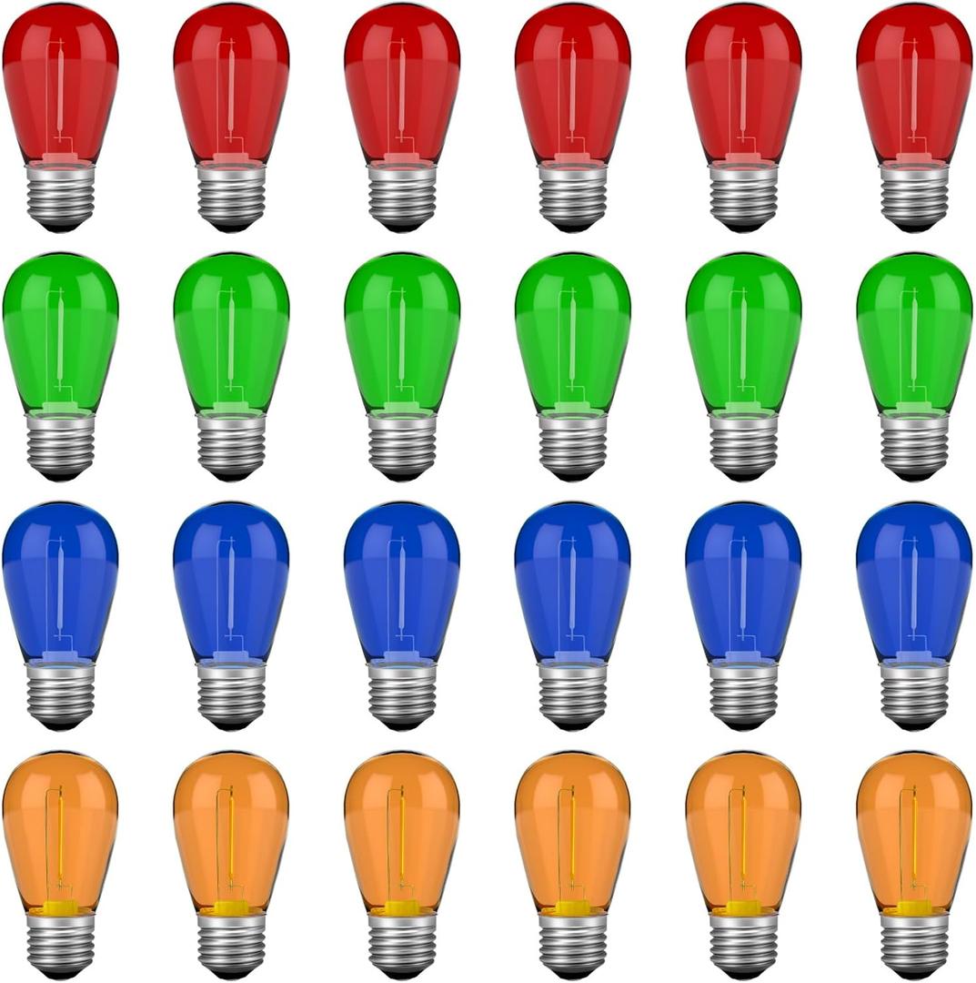 VISTERLITE S14 Colored LED String Light Bulbs, 1 Watt Plastic Shatterproof LED Replacement Bulbs for Indoor Outdoor Patio String Light, E26 Medium Base, Multi-Color: Red/Green/Blue/Orange (24 Count (Pack of 1))