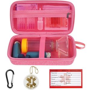 MGZNMTY Travel Carrying Case Compatible with Asthma Inhaler Spacer for Adults and Children, Masks, Inhaler Holder with Asthma Alert Tag and Medical Card, Carabiner (Only Case) (Pink)