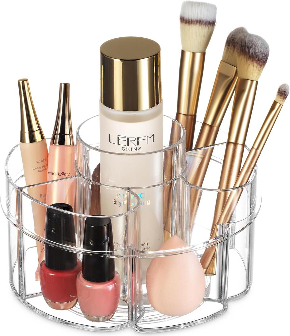 Masirs Small Rotating Makeup Organizer - A Mini Yet Spacious Cosmetic Storage Solution with Multiple Compartments. The Perfect Spinning Make-Up Caddy for Vanity or Bathroom Counter. (Round - Clear)