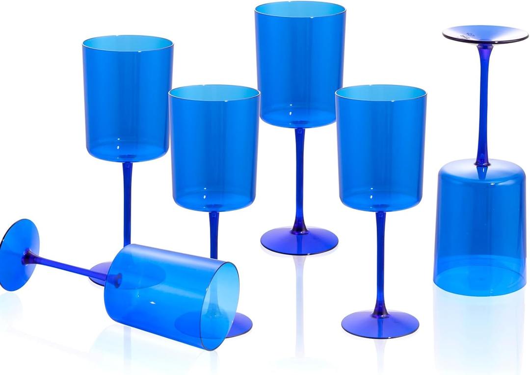 Ciaell 6 Pack Blue Plastic Wine Glasses - 10 Oz Plastic Wine Glasses with Stem - Disposable Wine Glasses Perfect for Parties & Weddings & Poolside & Outdoors & Camping & Easter