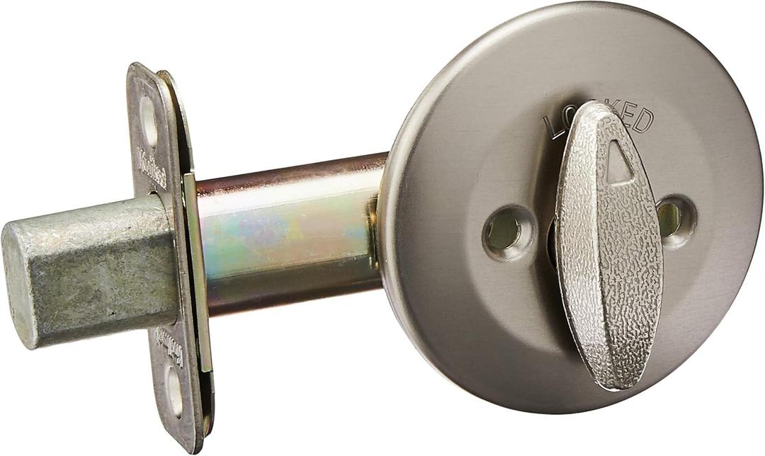 Kwikset 663 Deadbolt Unkeyed Deadbolt Lock, Satin Nickel Round Interior Turn Piece for Front Entry Door, with Latch and Adapter, No Exterior Assembly
