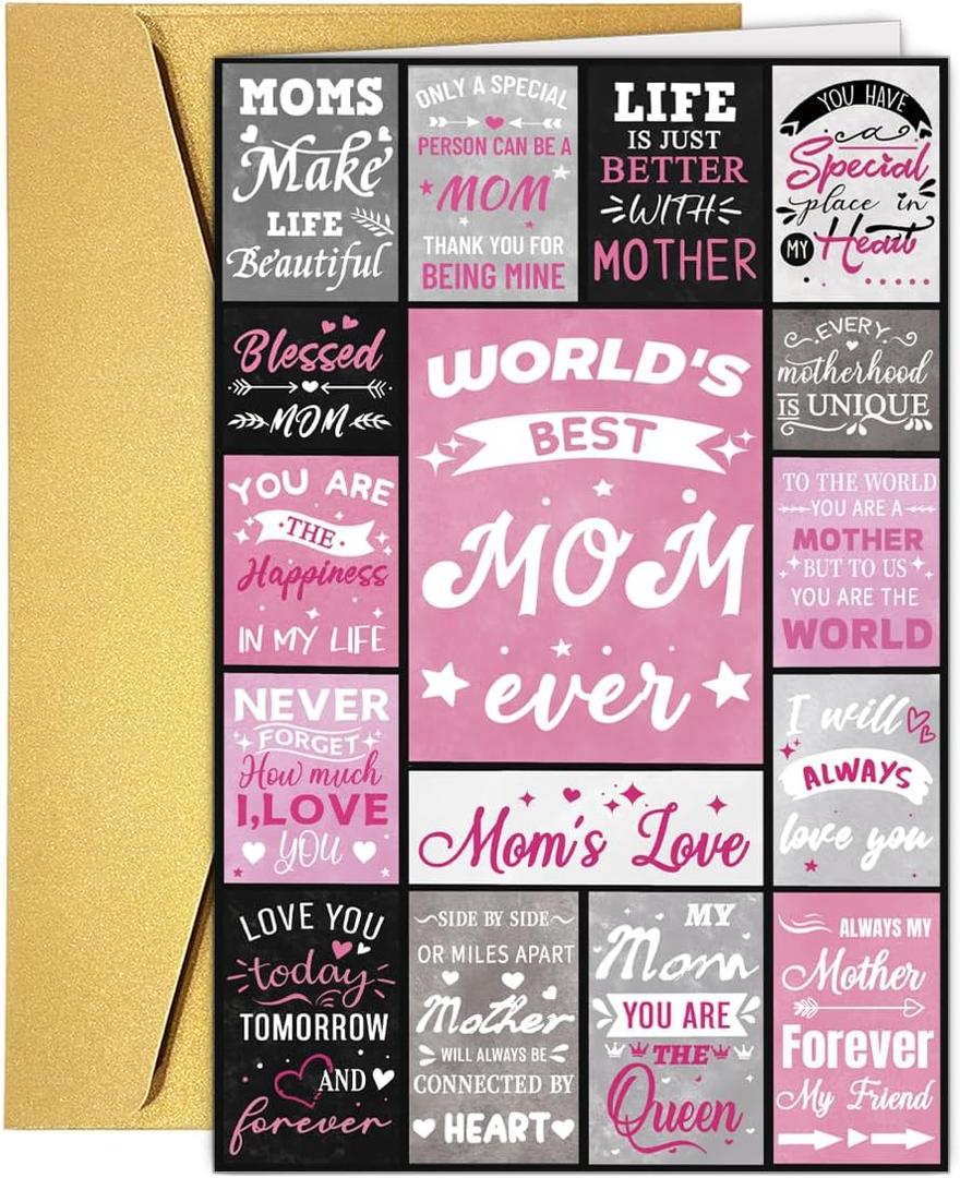 6 x Mothers Day Card for Her, Mother's Day Cards from Daughter Son Children, Gifts for Mom, World's Best Mom Ever Cards, Christmas Valentines Day Birthday Present for Moms
