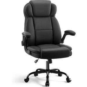 Ergonomic Executive Chair with High Back Headrest, PU Leather Executive Desk Chair - Padded Flip-Up Armrests, Lumbar Support, Swivel Computer Chair for Home Office & Gaming, Black