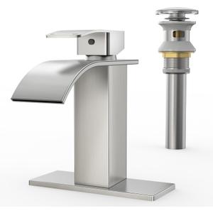 RUACQ Bathroom Faucets, Single Handle Bathroom Sink Waterfall Faucets for 1or 3 Hole, Stainless Steel Washbasin Mixer Tap with Deck, Pop-Up Drain and Supply Hoses (Short, Brushed Nickel)