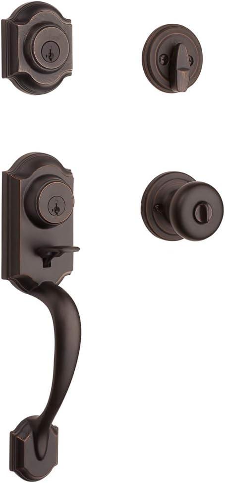 Kwikset Montara Front Door Lock Handle and Deadbolt Set, Entry Handleset Exterior with Interior Door Knob, Venetian Bronze, Pick Resistant SmartKey Rekey Deadbolt Security
