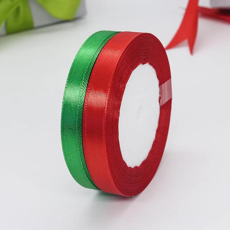 Gift Wrapping Satin Ribbon for Flower Bouquet Arts Crafts Sewing 25 Yard Each Roll Ribbon for Merry Christmas Decoration (Christmas Red Green-1, 3/8 inch Width) Pack of 6