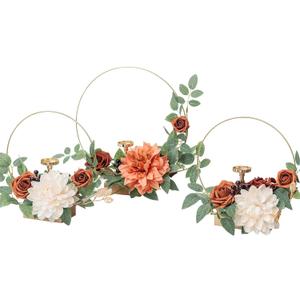 Ling's Moment Candle Holder Hoop Terracotta Wreath Floral Centerpieces for Sweetheart Table, Head Table, Ceremony Reception Artificial Flowers Decorations Assembled(Set of 3)