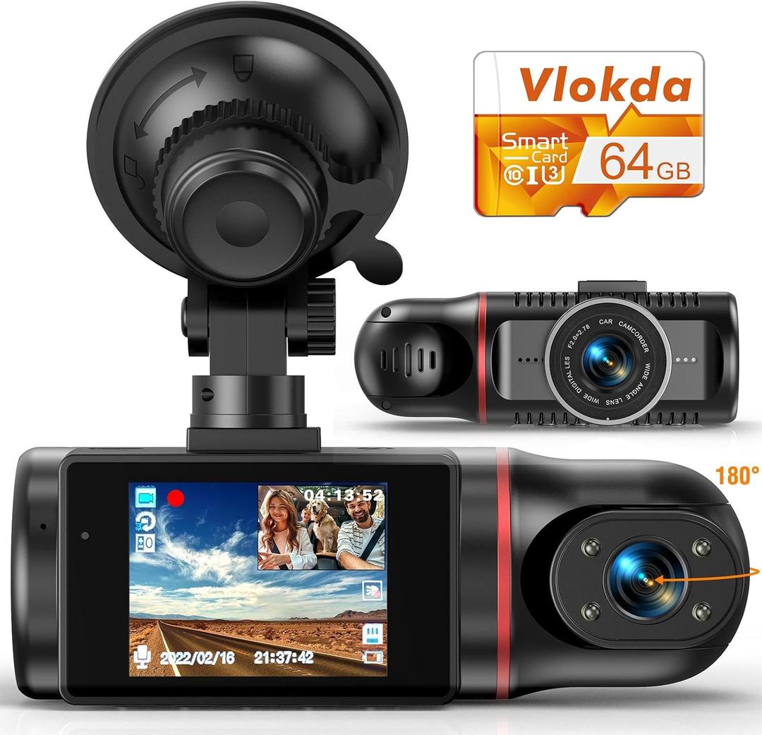 Dash Cam Front and Inside, FHD Dashcams for Cars with 64GB Card Dash Camera for Cars, 1080P Front Dash Cam+1080P Inside Dashcam for Car Dash Camera with IR Night Vision Loop Recording (Black)