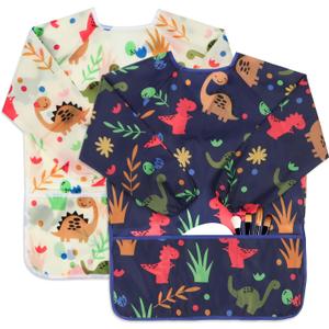 Kids Art Smocks 2 Pack Dinosaur Painting Aprons for Children Waterproof Artist Smock with Long Sleeve and 3 Pockets for Age 3-8 Years