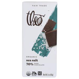 Theo Sea Salt Organic Dark Chocolate Bar, 70% Cacao, 1 Bar | Vegan, Fair Trade (EXP 04/08/26)