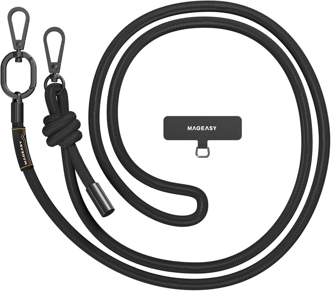 MAGEASY Universal Cell Phone Lanyard  AntiTheft Thick Rope Crossbody Phone Strap for iPhone 17 Pro Max & Most Smartphones, for Men & Women | 8.3mm Black