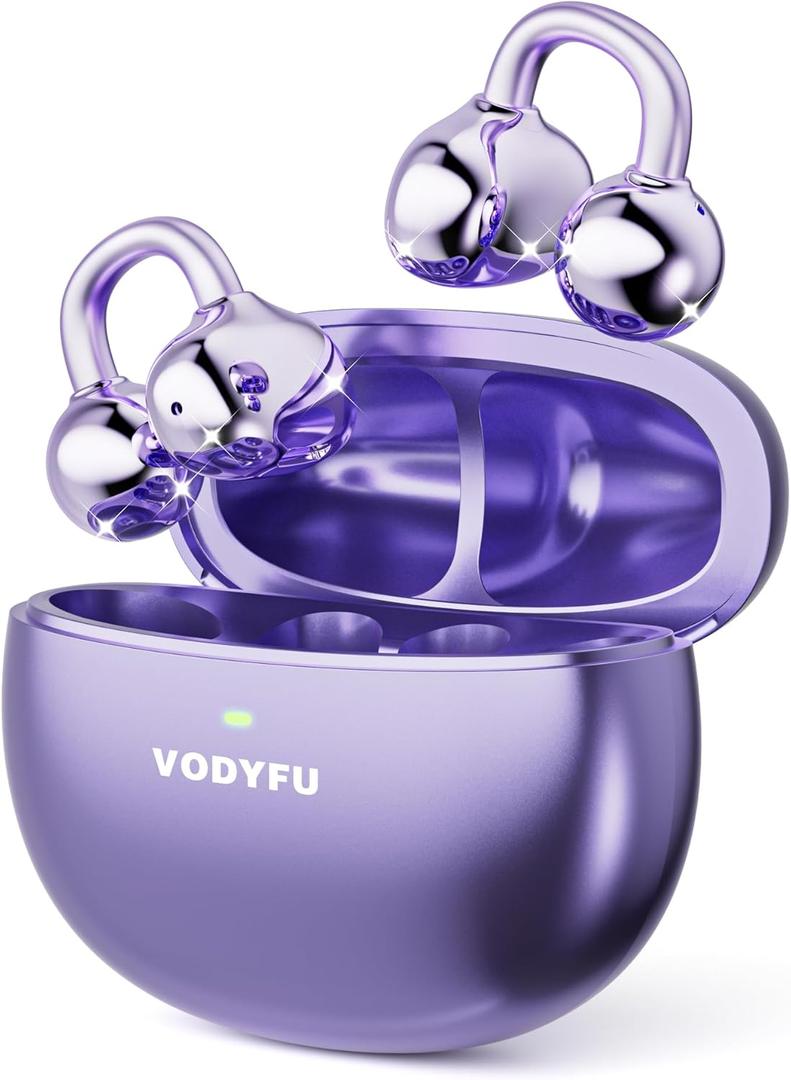 Clip on Earbuds Open Ear Earbuds Wireless Headphones with Mic,66H Play Bluetooth 5.4 Bone Conduction Headphones,Noise Cancelling,IPX5 Waterproof,Secure Fit for Small Ears,Purple