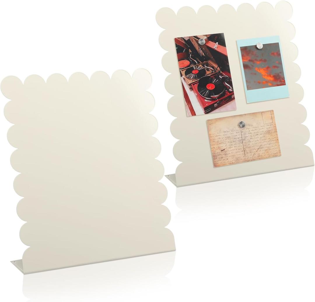 Gueevin 2 Pcs Magnet Board Standing Magnetic Metal Board for Desk and Wall 12.6" x 11" Scalloped Magnetic Display Stand for Memos, Photos and Documents Home Office School Supplies(White,Medium)