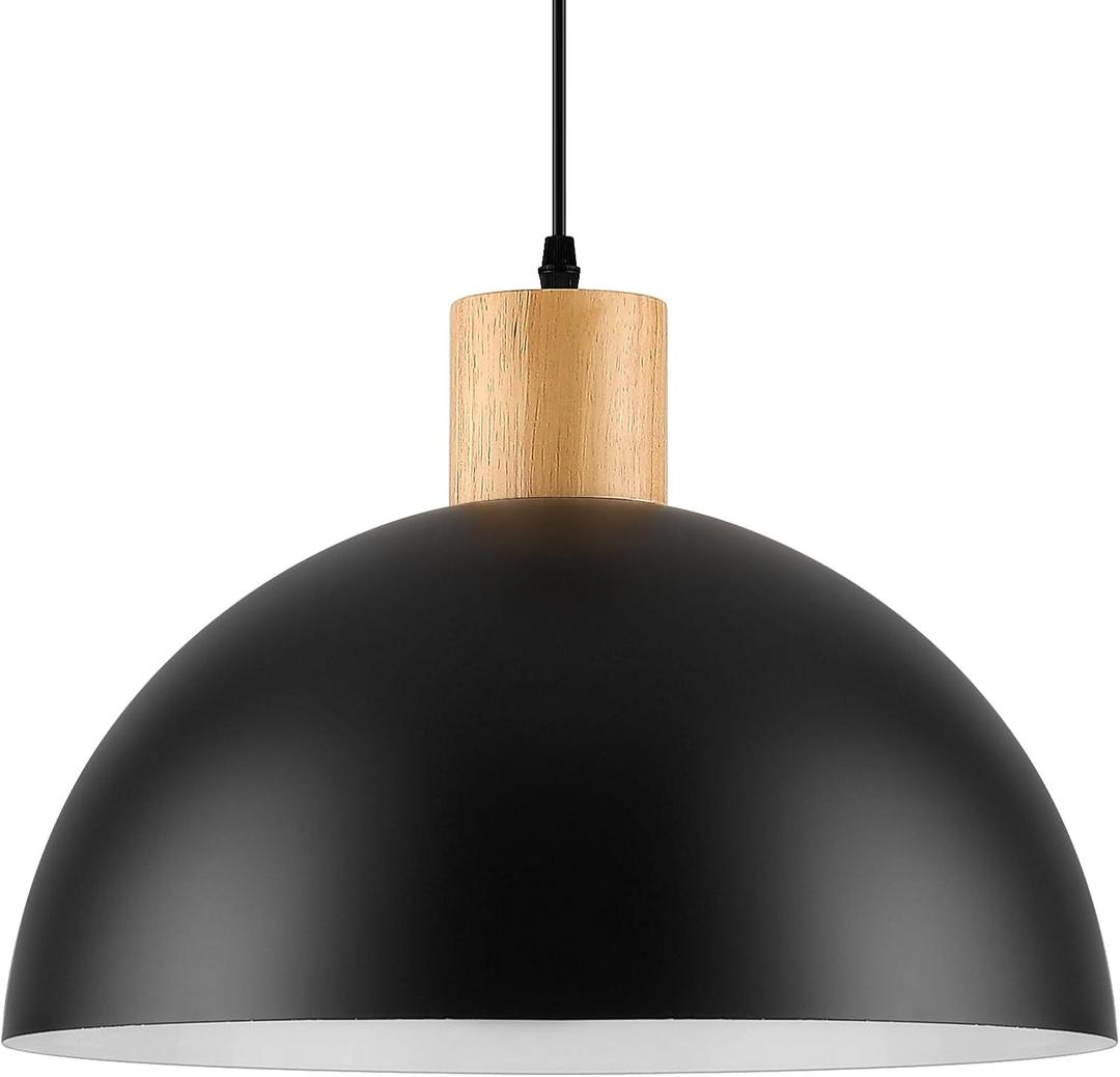 Black Solid Wood Pendant Light, 16in Modern Matte Black Pendant Lights Fixtures Adjustable Farmhouse Hanging Lighting,for Kitchen Island Dining Room Barn Office