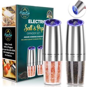 Electric Salt and Pepper Grinder set of 2, Automatic Salt and Pepper Mill Grinder, Adjustable Roughness, Battery Powered with Blue LED Light, Stainless Steel with One Hand Operation (Sliver)