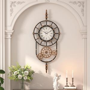 Large Industrial Steampunk Decor Vintage Wall Clock, Antique Gold Black Metal Wall Clocks for Living Room Farmhouse (23" H x 14" W)