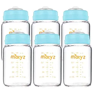Matyz Glass Breastmilk Storage Bottles, 6 Pack, 6 oz, Compatible with Spectra Medela Breast Pump  Freezer Safe Storage Bottles Set  Wide Mouth Breastmilk Storage Containers  No BPA (Blue Lids)